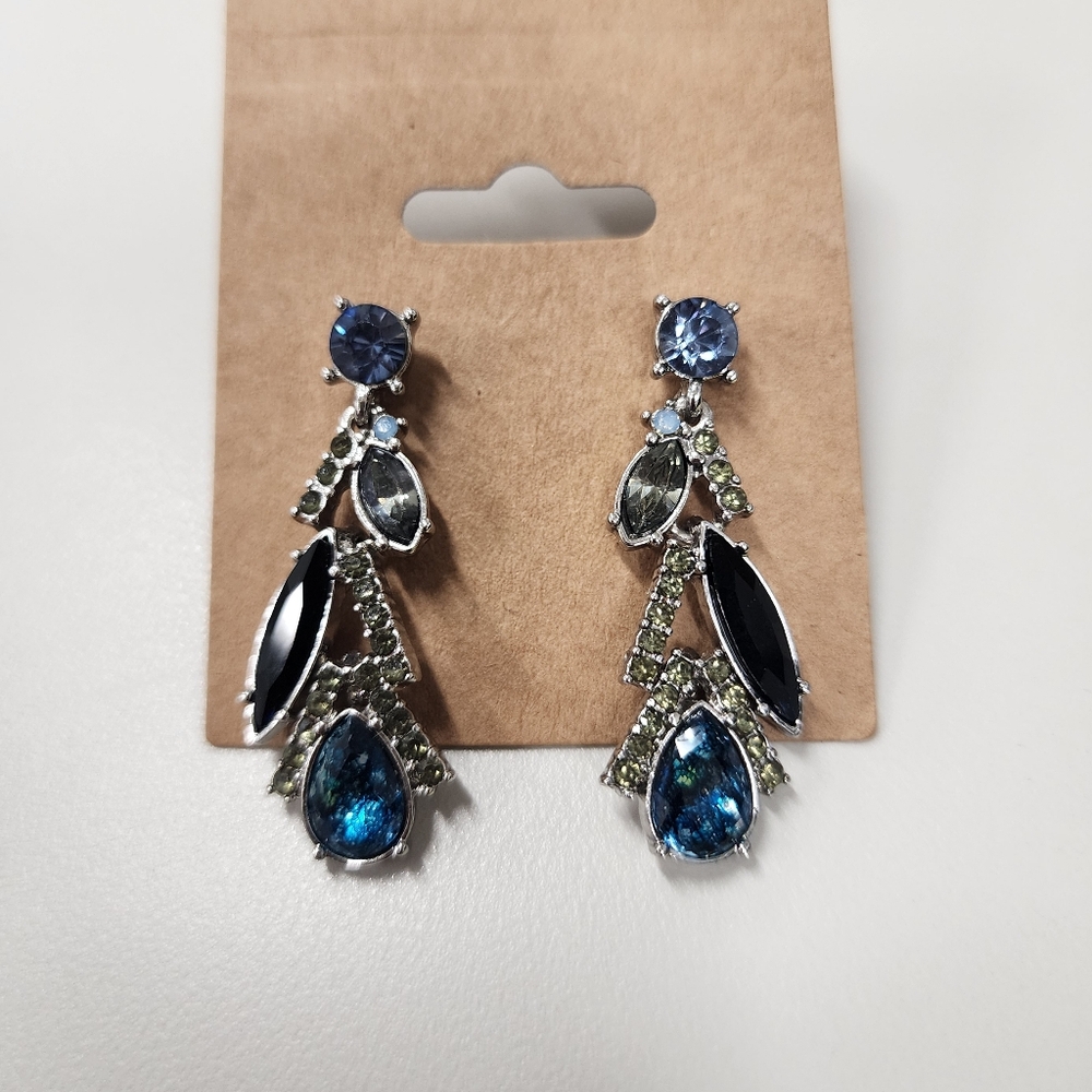 Rhinestine Drop Earrings Silver-tone Statement Prom Party Classy Blue Black Gray